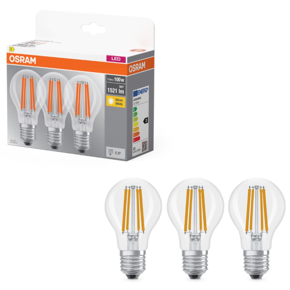 Osram E27 LED 11W, 1521 lm, 2700 K, alb cald, sticlă transparentă - înlocuiește becul normal de 100 W, 3 bucăți - Base Classic A filament