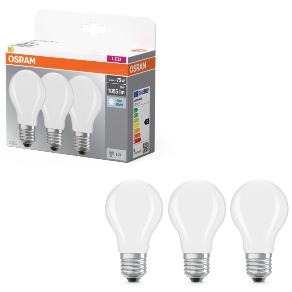 Osram E27 LED 7,5W, 1055 lm, 4000 K, alb rece, sticlă opală - înlocuiește becul normal de 75 W, 3 bucăți - Base Classic A