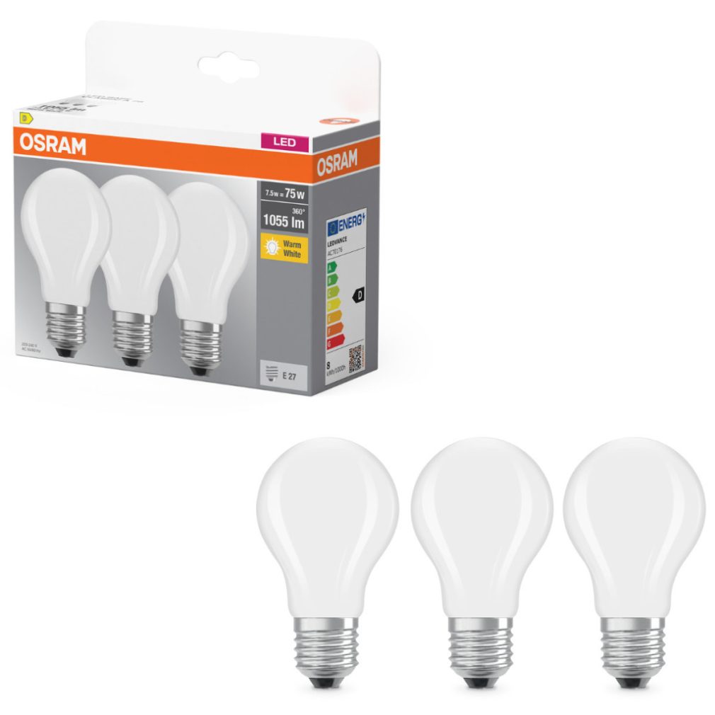 Osram E27 LED 7,5W, 1055 lm, 2700 K, alb cald, sticlă opală - înlocuiește becul normal de 75 W, 3 bucăți - Base Classic A