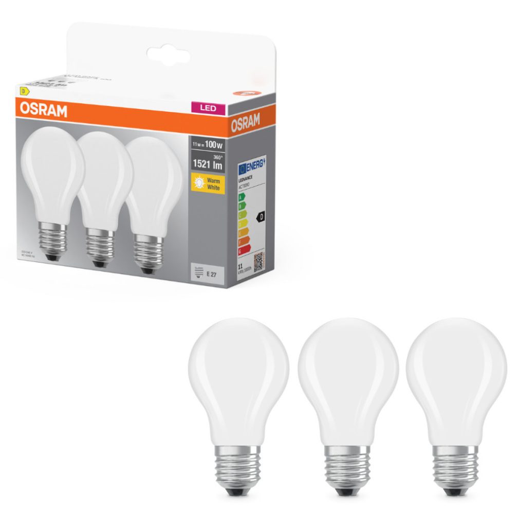Osram E27 LED 11W, 1521 lm, 2700 K, alb cald, sticlă opală - înlocuiește becul normal de 100 W, 3 bucăți - Base Classic A