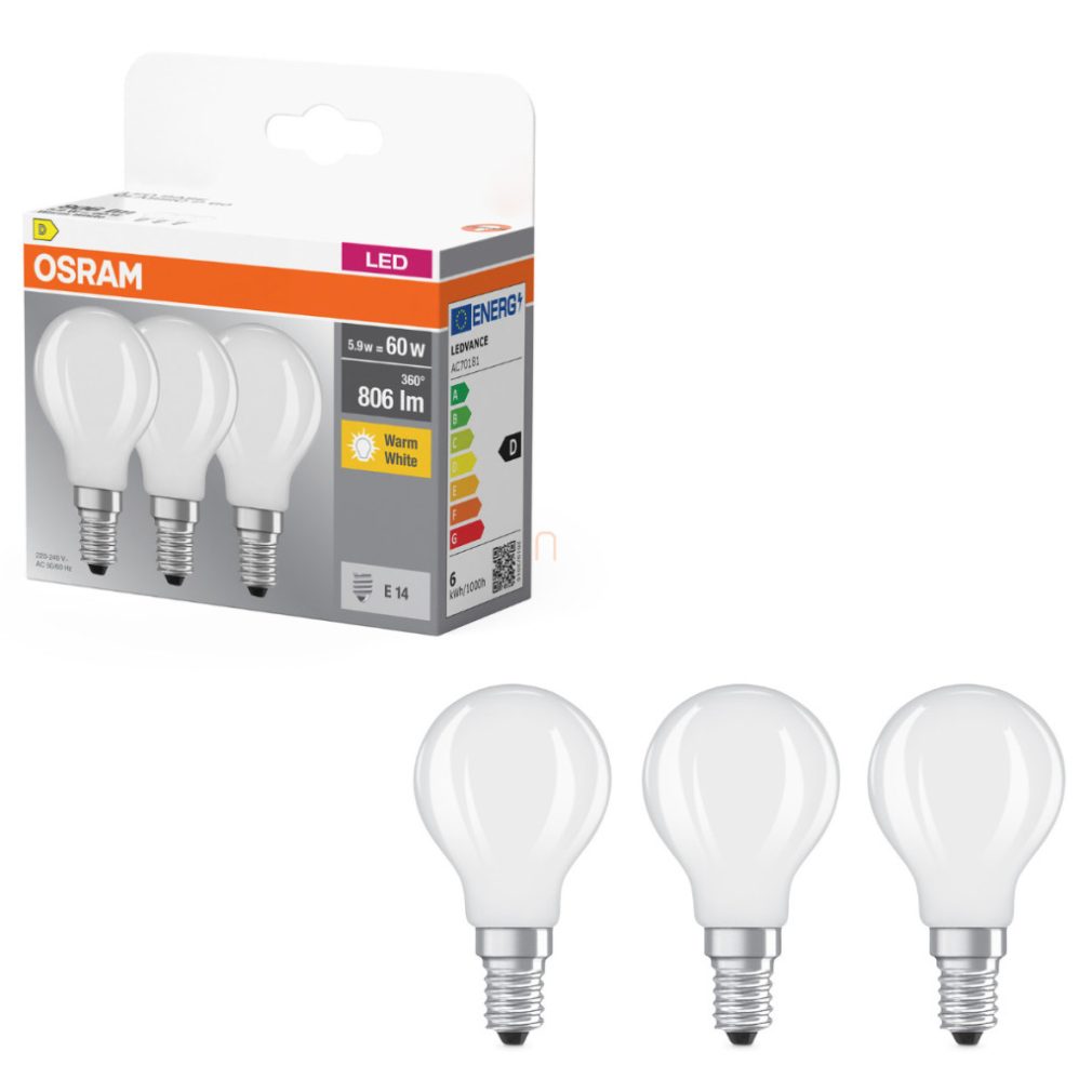 Osram E14 LED globule, 5,9 W, 806 lm, 2700 K, alb cald, sticlă opală - înlocuiește becul de 60 W, 3 bucăți - Base Classic P