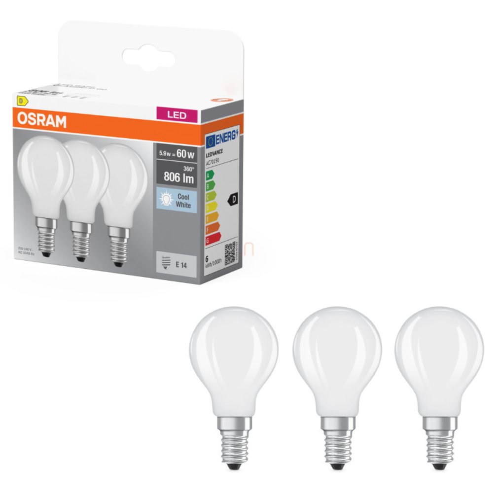 Osram E14 LED globule, 5,9 W, 806 lm, 4000 K, alb rece, sticlă opală - înlocuiește becul incandescent de 60 W, 3 bucăți - Base Classic P