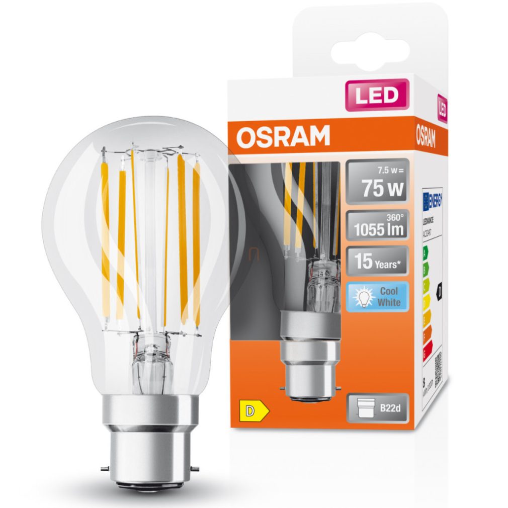 Osram B22d LED 7,5W, 1055 lm, 4000 K, alb rece, sticlă transparentă - înlocuiește becul de 75 W - Star Classic A filament