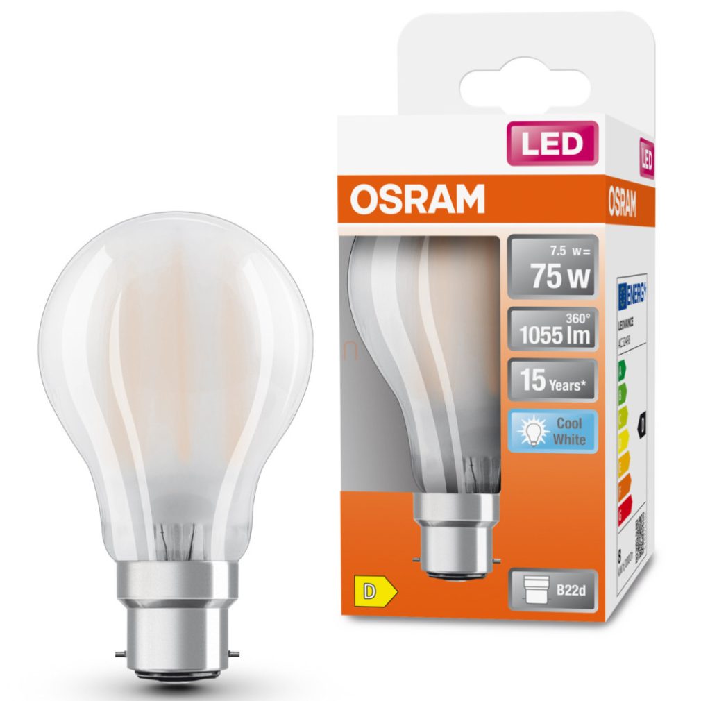 Osram B22d LED 7,5W, 1055 lm, 4000 K, alb rece, sticlă opală - înlocuiește becul de 75 W - Star Classic A