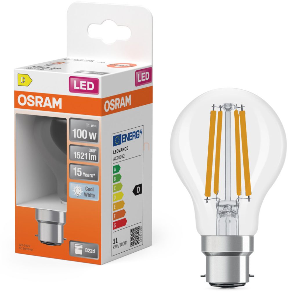 Osram B22d LED 11W, 1521 lm, 4000 K, alb rece, sticlă transparentă - înlocuiește becul de 100 W - Star Classic A filament