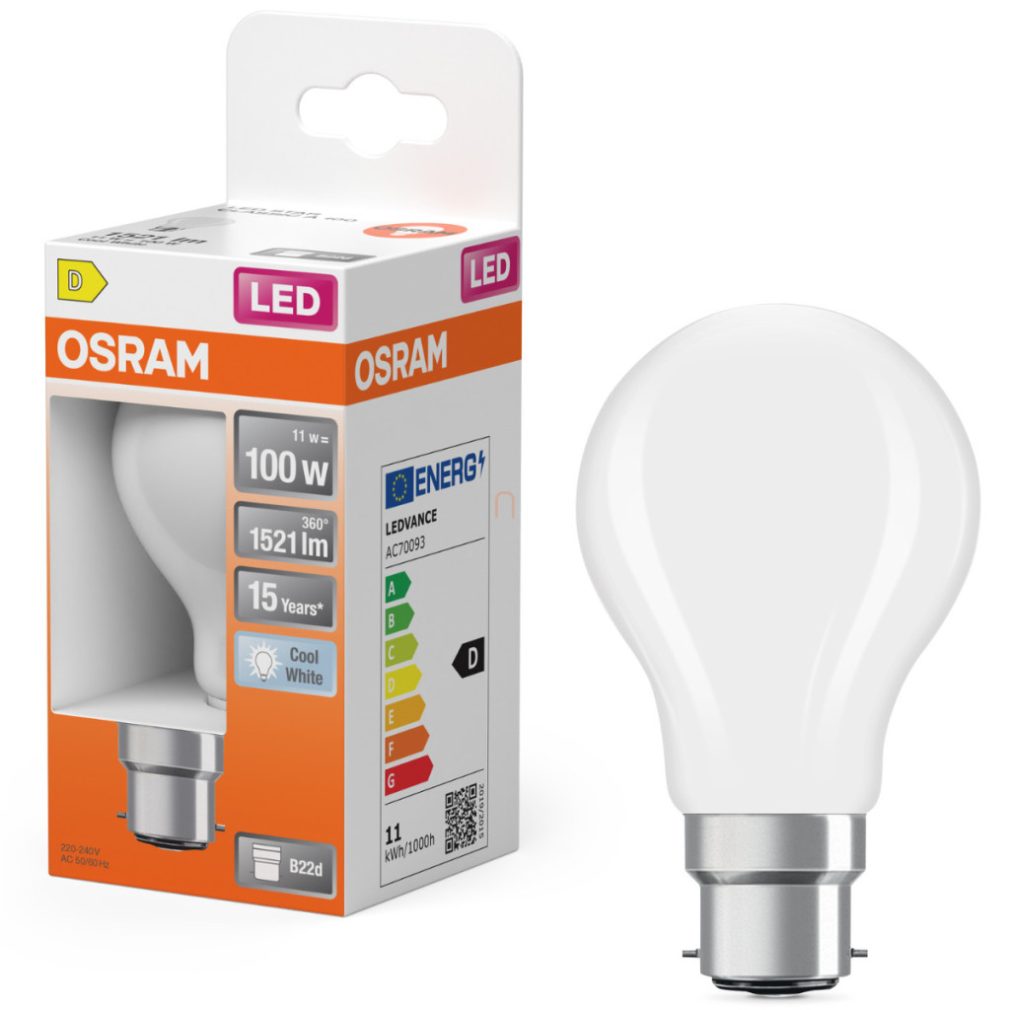Osram B22d LED 11W, 1521 lm, 4000 K, alb rece, sticlă opală - înlocuiește becul de 100 W - Star Classic A