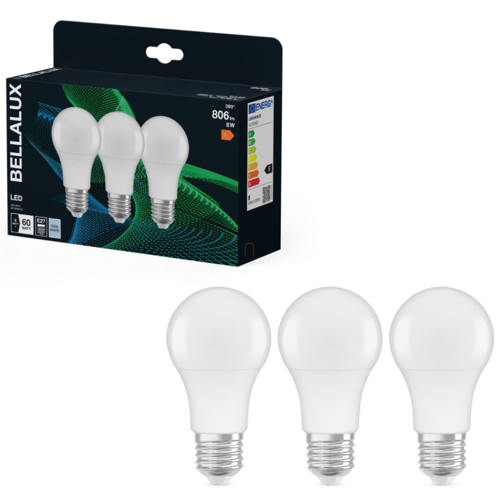 Bellalux E27 LED, 8W, 806 lm, 4000 K, alb rece, plastic opal - înlocuiește becul normal de 60 W, 3 bucăți - Classic A