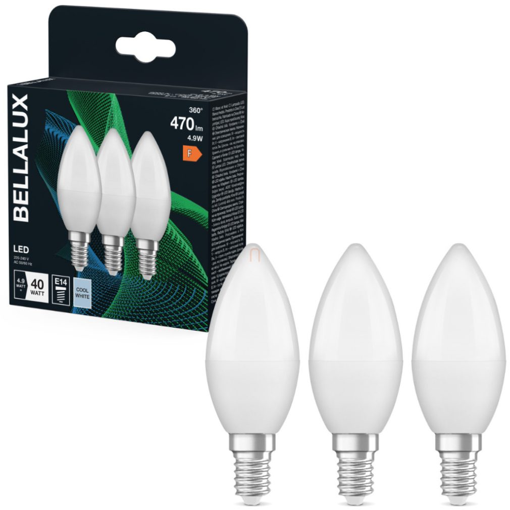 Bellalux E14 LED lumânare, 4,9W, 470 lm, 4000 K, alb rece, plastic opal - înlocuiește becul de 40 W, 3 bucăți - Classic B