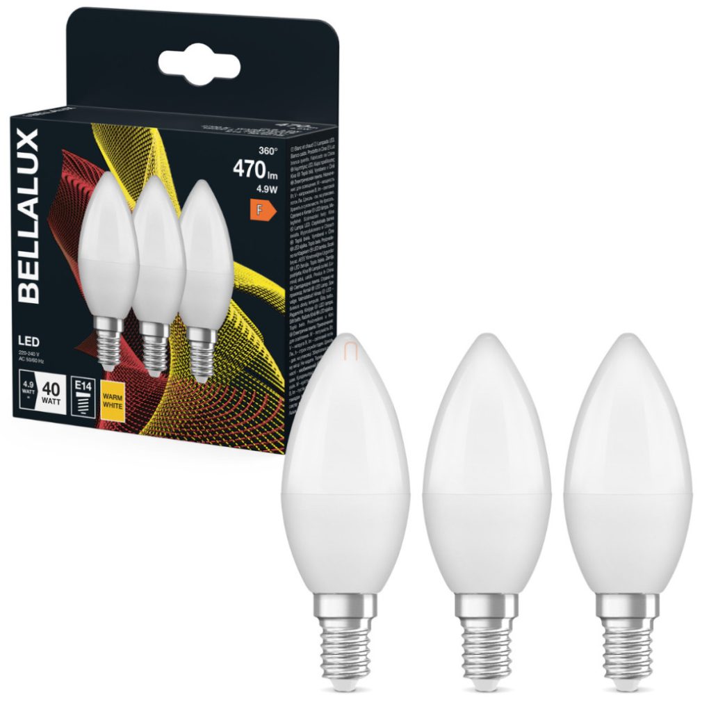 Bellalux E14 LED lumânare, 4,9 W, 470 lm, 2700 K, alb cald, plastic opal - înlocuiește becul de 40 W, 3 bucăți - Classic B