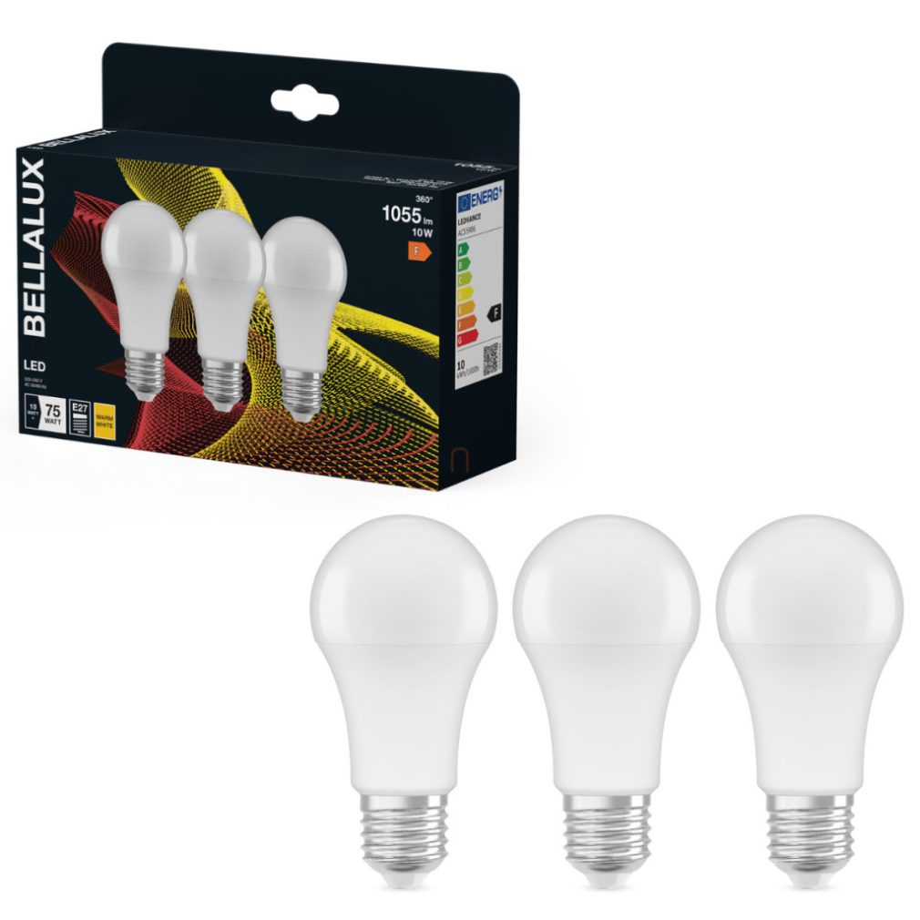 Bellalux E27 LED, 10W, 1055 lm, 2700 K, alb cald, plastic opal - înlocuiește becul normal de 75 W, 3 bucăți - Classic A