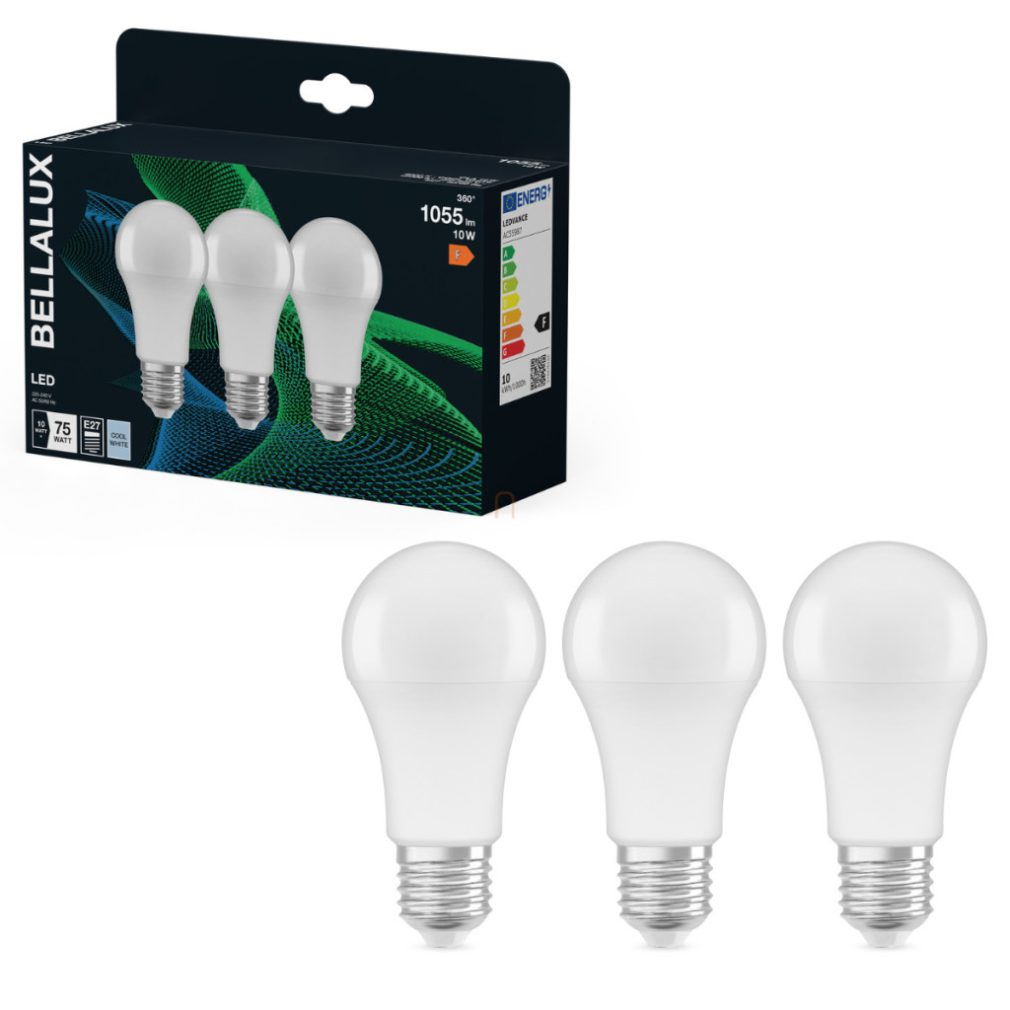 Bellalux E27 LED, 10W, 1055 lm, 4000 K, alb rece, plastic opal - înlocuiește becul normal de 75 W, 3 bucăți - Classic A