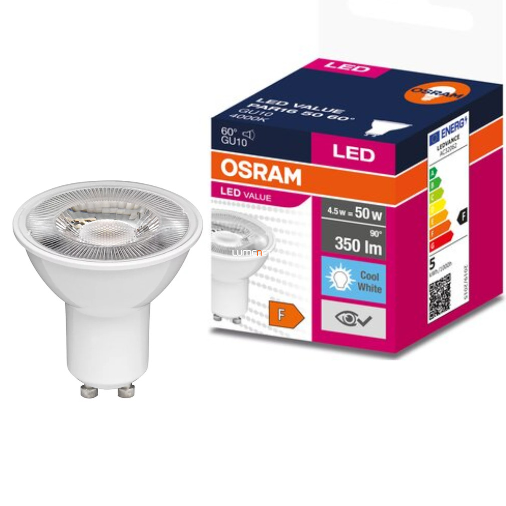 Osram GU10 LED Value 4.5W 350lm 4000K alb rece 60° - înlocuire bec 50W