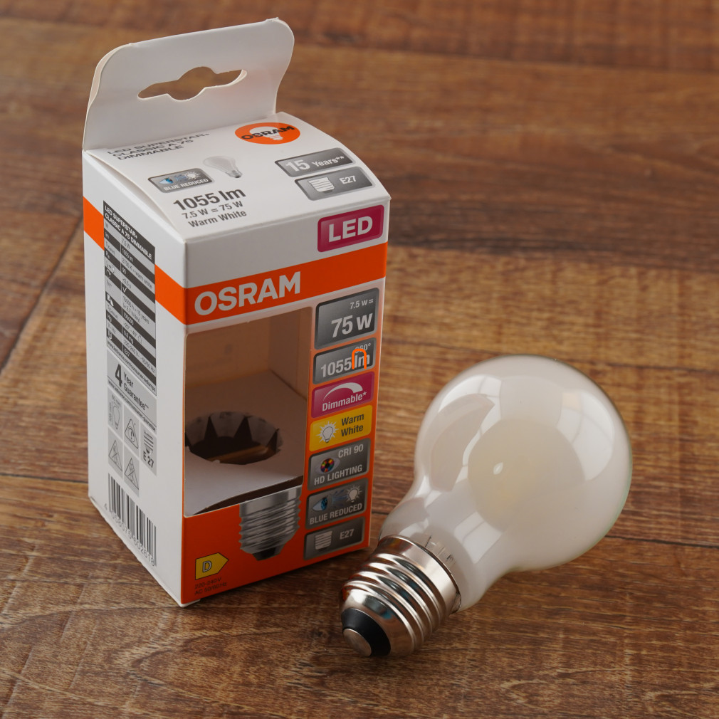 Osram E27 LED SStar+ 7,5W 1055lm 2700K alb cald, reglabil 300° opal - înlocuiește becul de 75W
