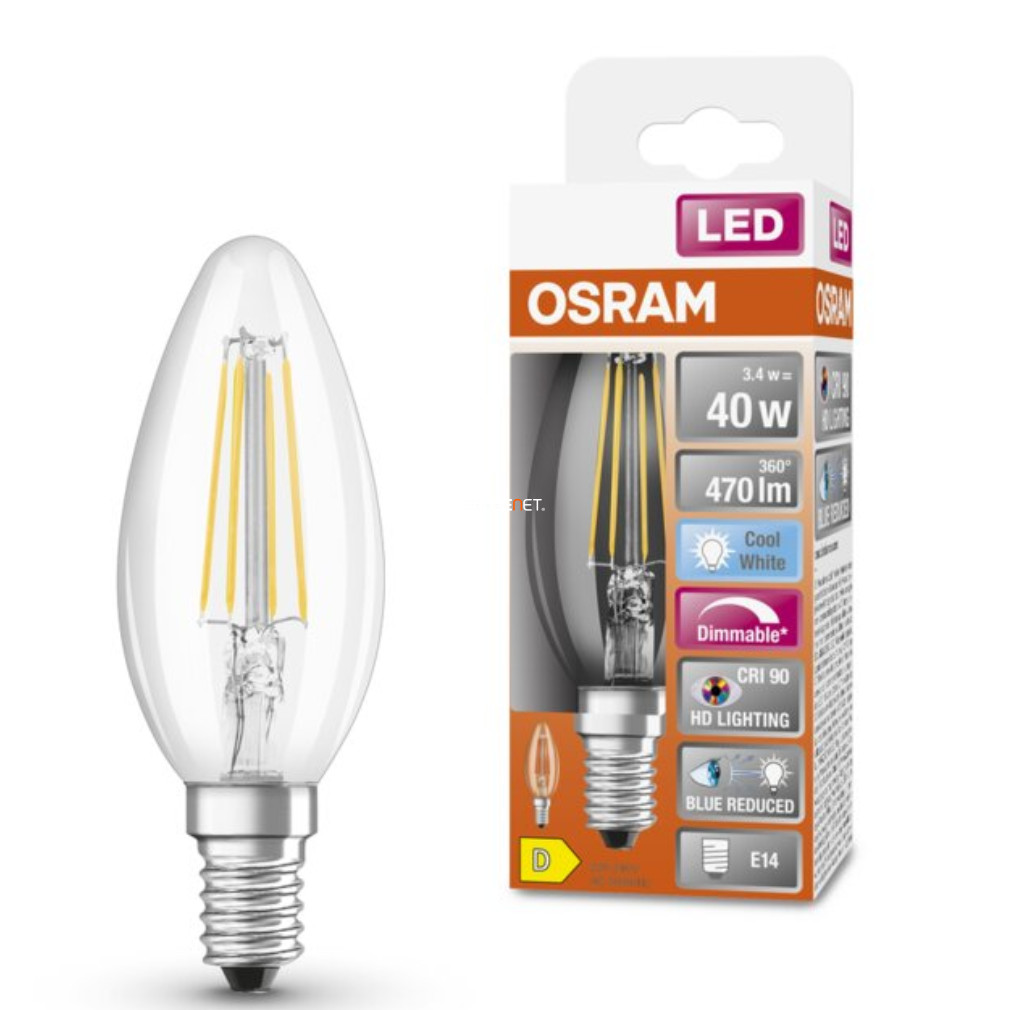 Osram E14 LED SStar+ lumânare 3.4W 470lm 4000K alb rece, reglabil 300° apă limpede - înlocuiește becul 40W