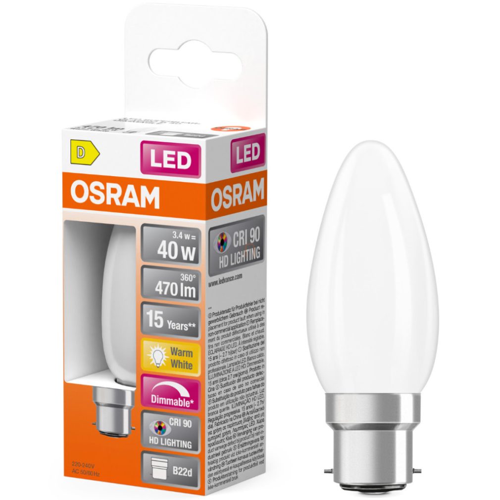 Osram B22d LED 3,4W, 470 lm, 2700 K, alb cald, dimabil, sticlă opală - înlocuiește becul de 40 W - Superstar+ Classic B