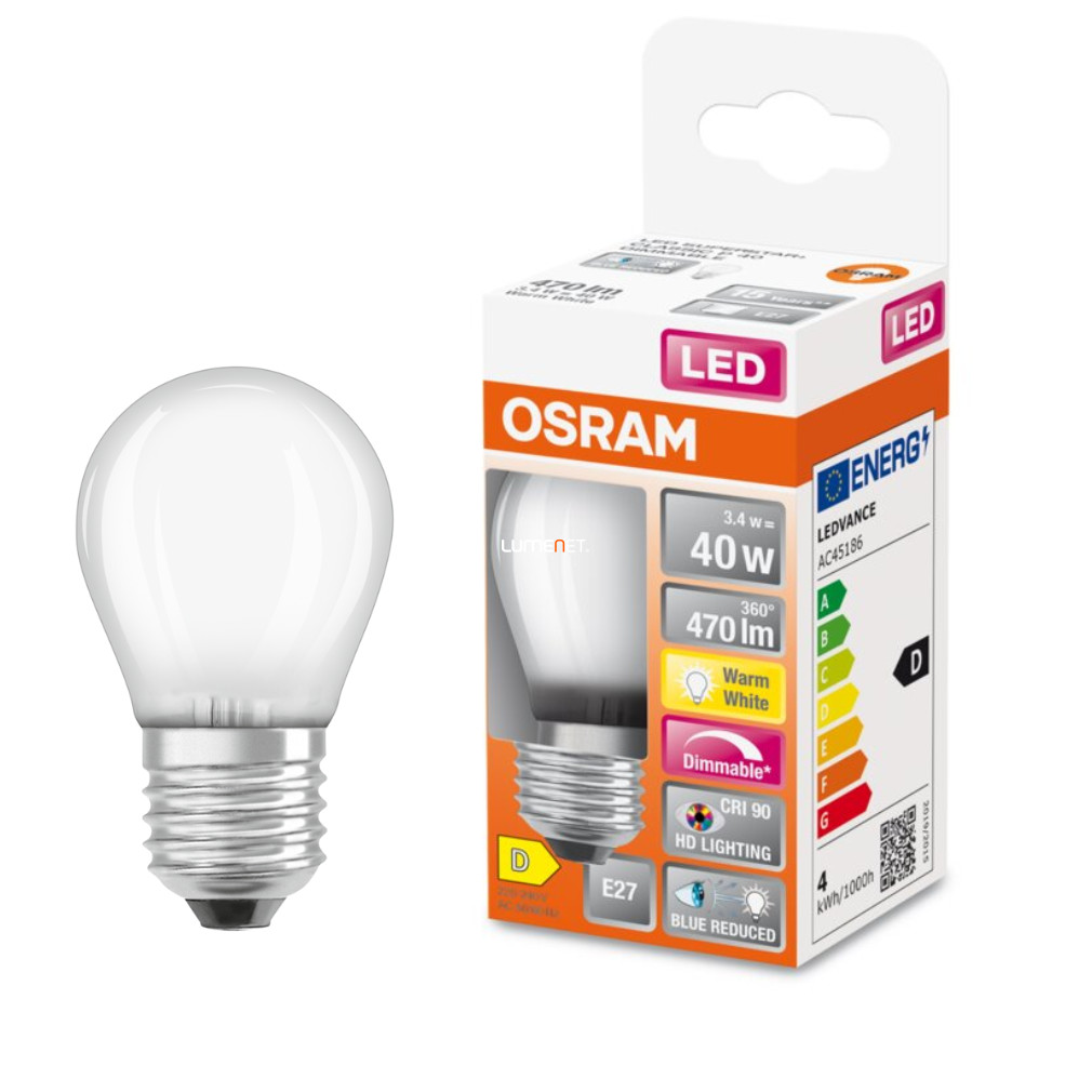 Osram E27 LED SStar+ glob mic 3.4W 470lm 2700K alb cald, reglabil 300° opal - înlocuire bec 40W