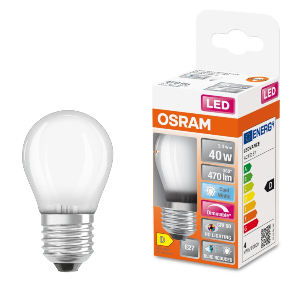 Osram E27 LED SStar+ glob mic 3.4W 470lm 4000K alb rece, reglabil 300° opal - înlocuire bec 40W