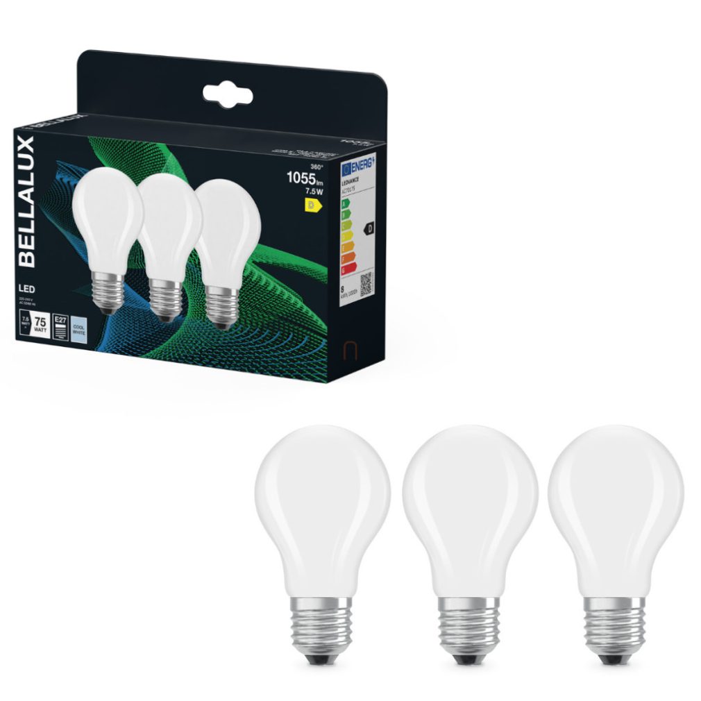 Bellalux E27 LED, 7,5W, 1055 lm, 4000 K, alb rece, sticlă opală - înlocuiește becul normal de 75 W, 3 bucăți - Classic A