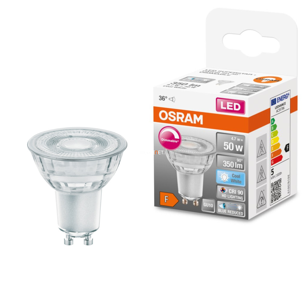 Osram GU10 LED SStar+ 4.7W 350lm 4000K alb rece, reglabil 36° - înlocuiește becul de 50W