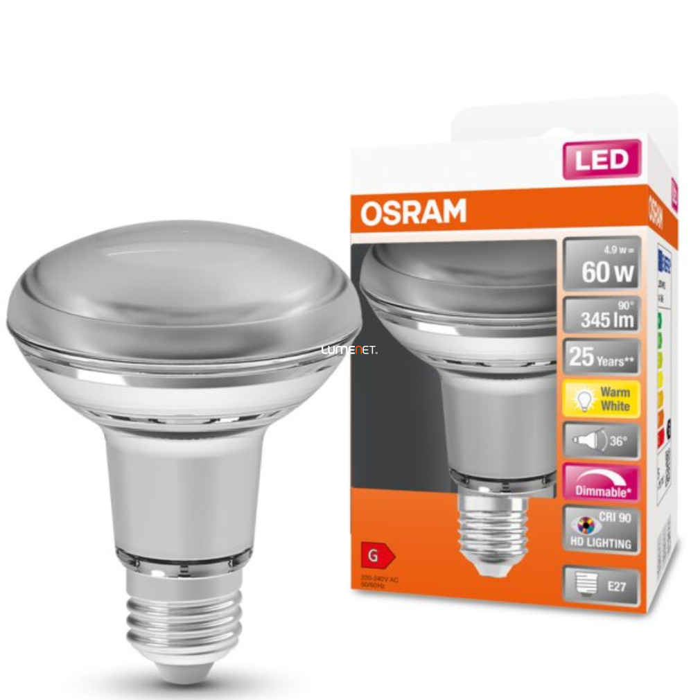 Osram E27 R80 LED SStar+ 4.8W 345lm 2700K alb cald, reglabil 36° - înlocuiește becul de 60W