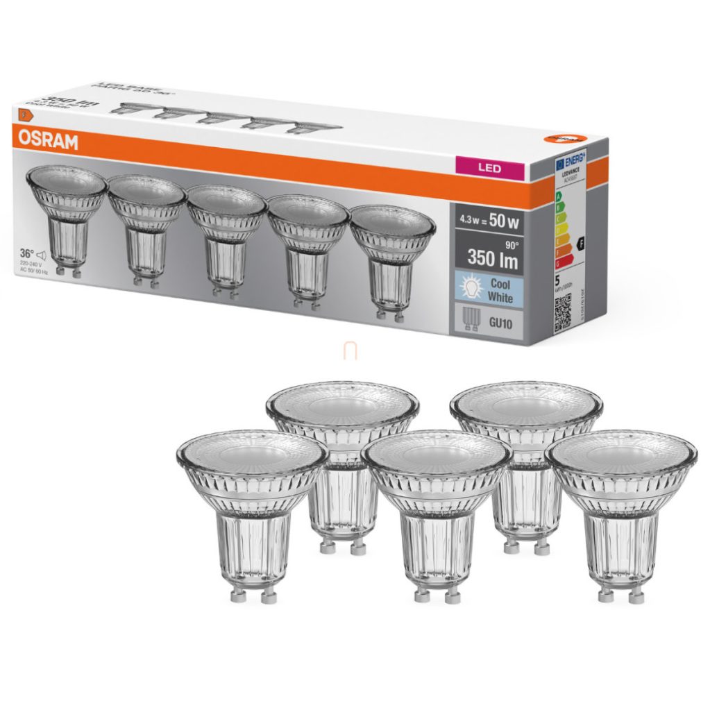 Osram GU10 LED 4,3W, 350 lm, 4000 K, alb rece, sticlă transparentă - înlocuiește becul de 50 W, 5 bucăți - Base Spot PAR16