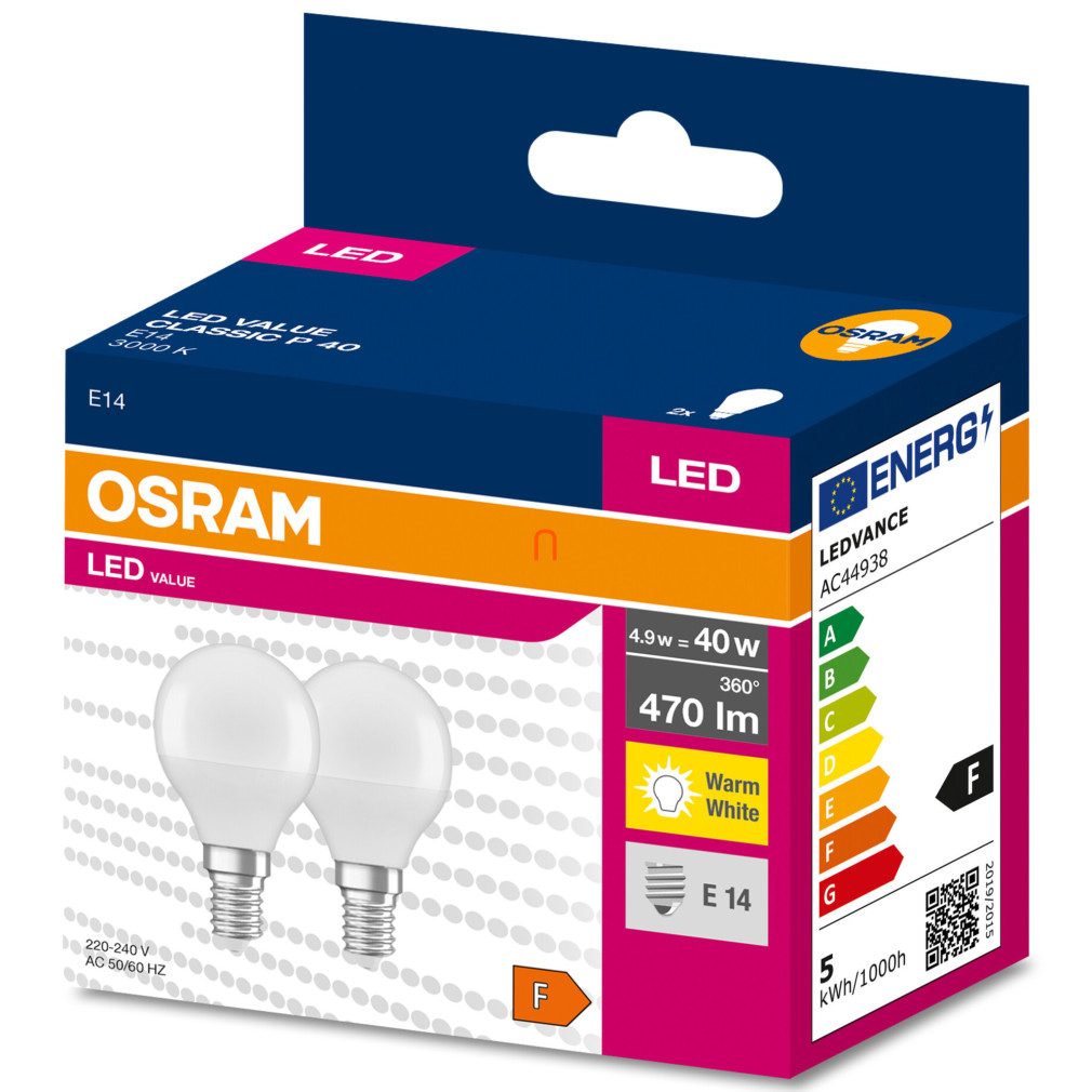 Osram E14 LED Value Classic glob mic 4,9W, 470 lm, 3000 K, înlocuire bec 40 W (2 bucăți)