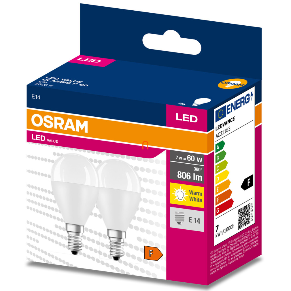 Osram E14 LED Value Classic 7W, 806 lm, 3000 K, înlocuiește becul de 60 W (2 bucăți)