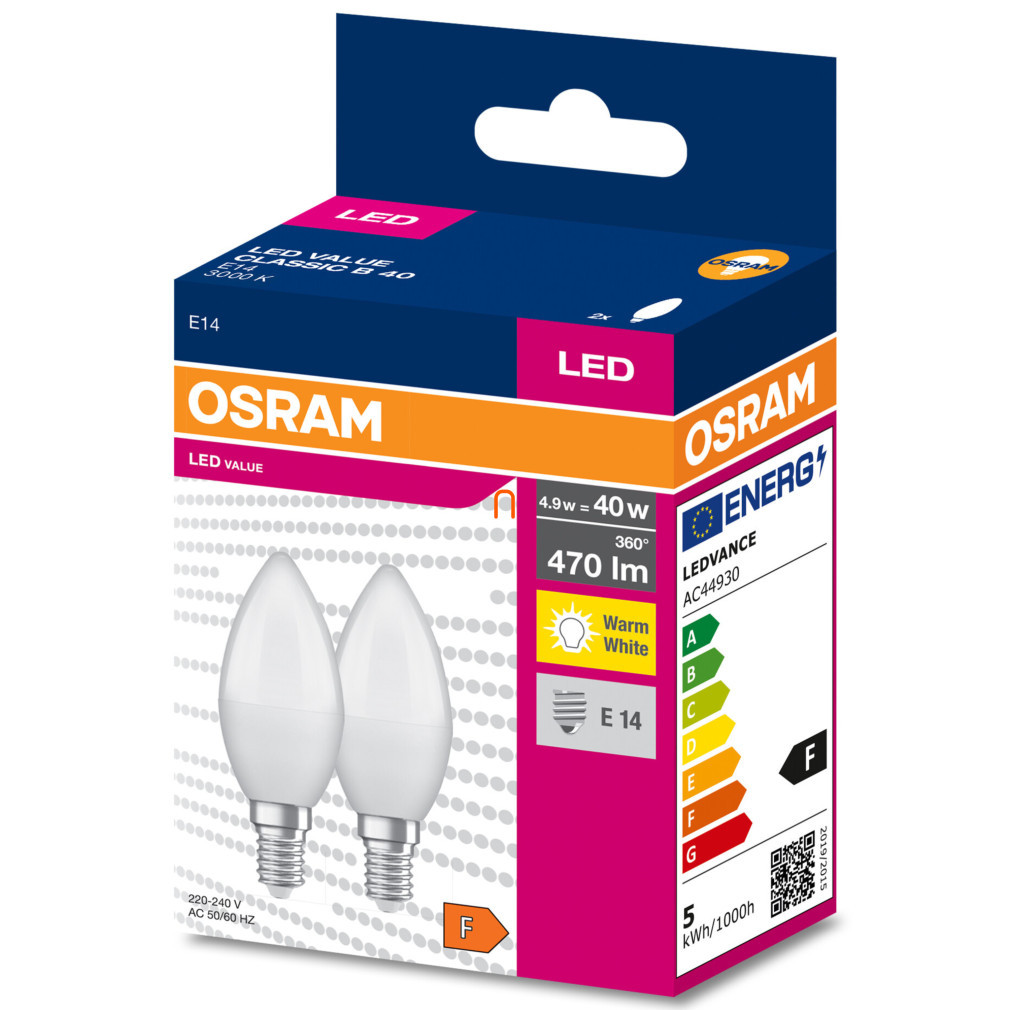 Osram E14 LED Value Classic bec de lumini 4,9 W, 470 lm, 3000 K, înlocuiește becul incandescent de 40 W (2 bucăți)