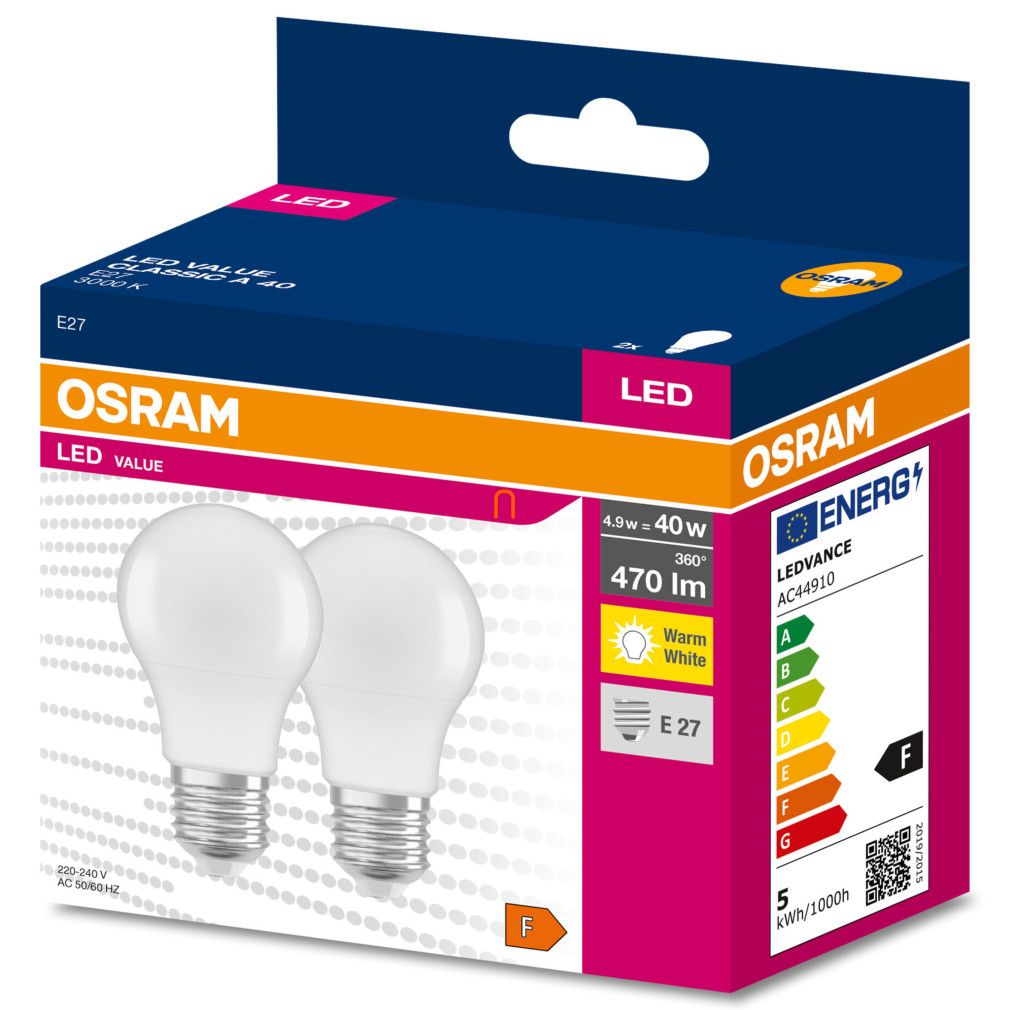 Osram E27 LED Value Classic 4,9W, 470 lm, 3000 K, pentru a înlocui becul de 40 W (2 bucăți)