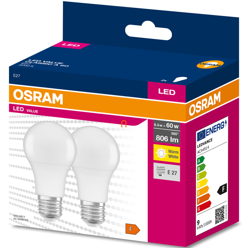 Osram E27 LED Value Classic 8.5W, 806 lm, 3000 K, înlocuiește becul de 60 W (2 bucăți)