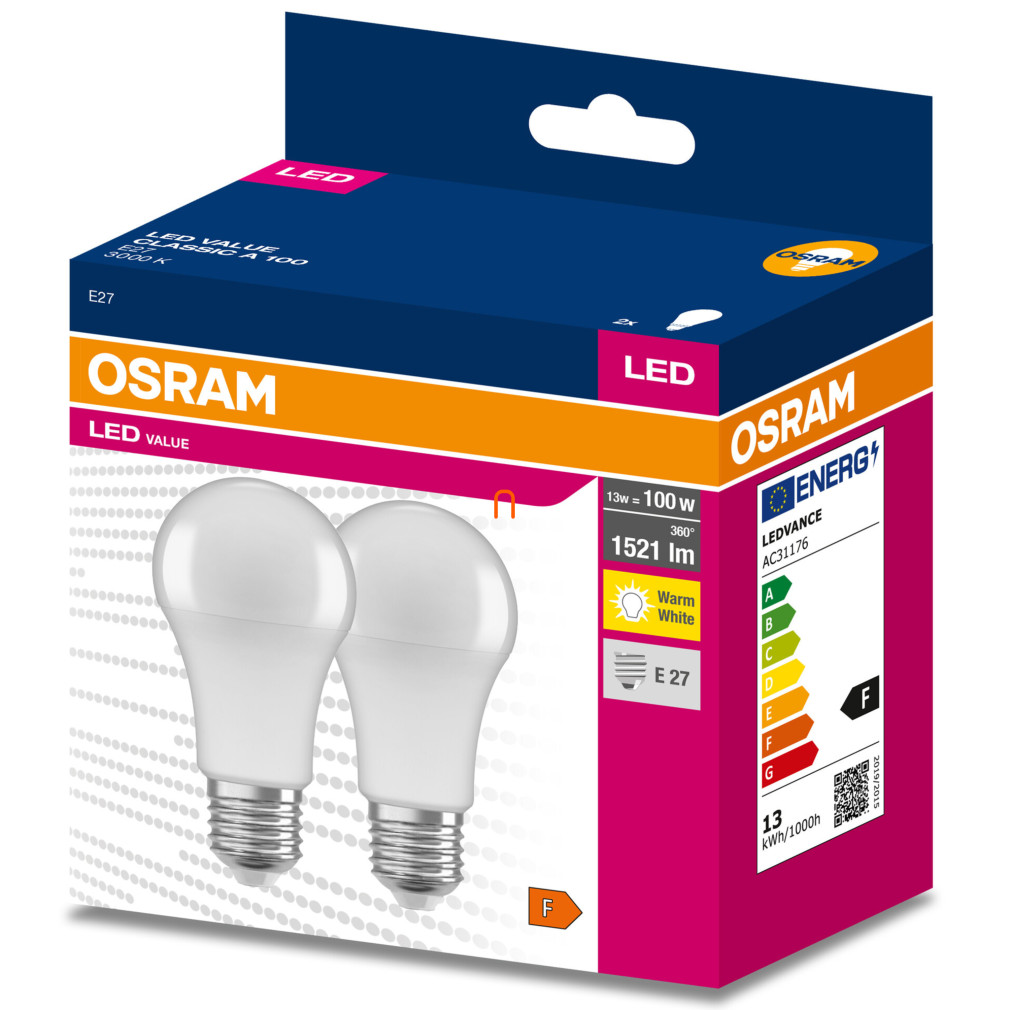 Osram E27 LED Value Classic 13W, 1521 lm, 3000 K, înlocuiește becul de 100 W (2 bucăți)