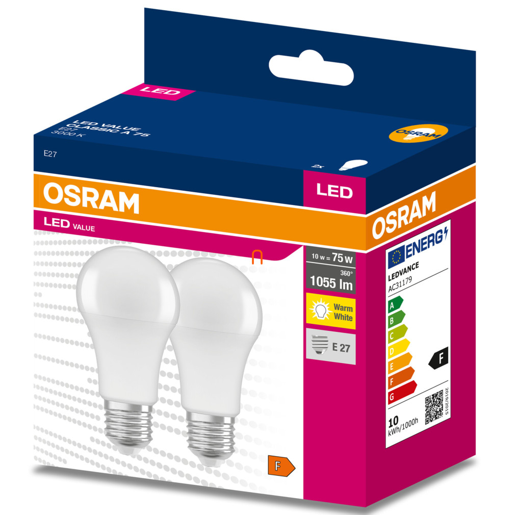 Osram E27 LED Value Classic 10W, 1055 lm, 3000 K, înlocuiește becul de 75 W (2 bucăți)