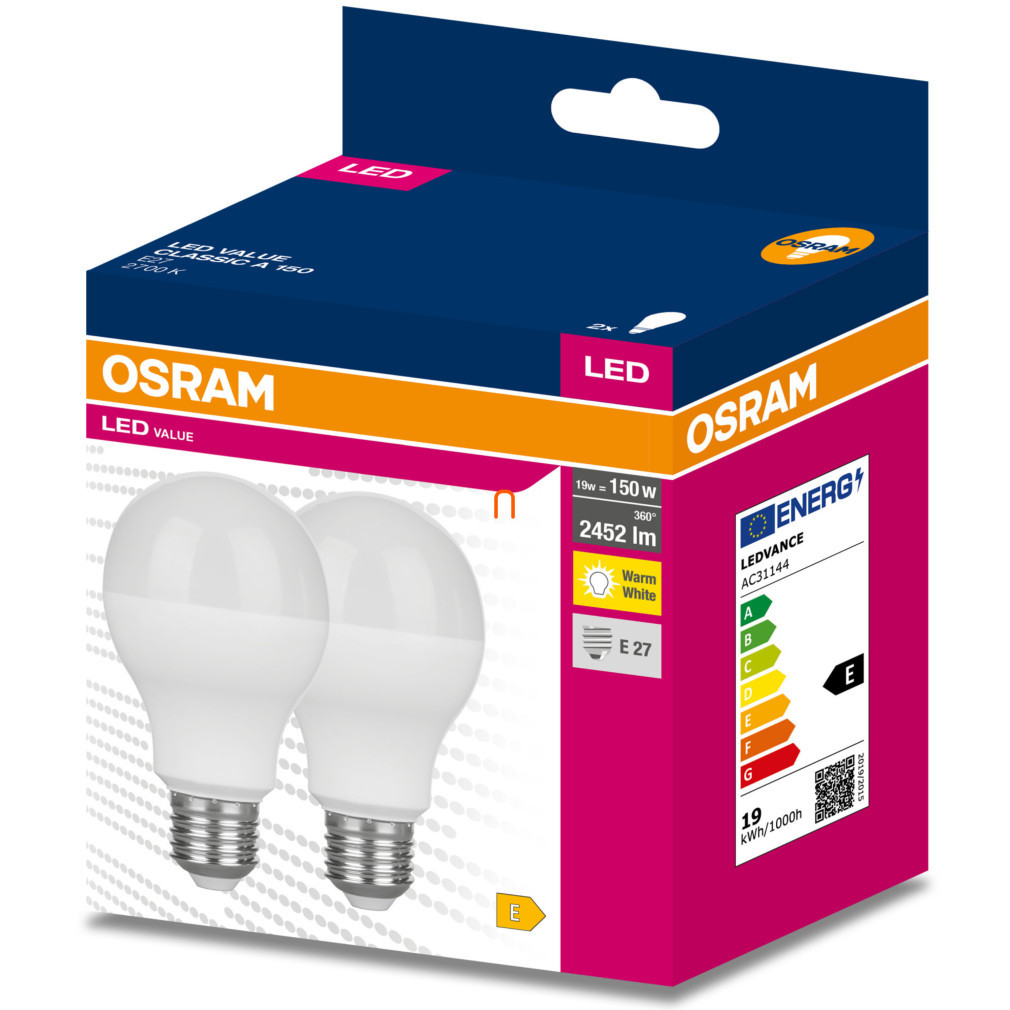 Osram E27 LED Value Classic 19W, 2452 lm, 2700 K, înlocuiește becul incandescent de 150 W (2 bucăți)