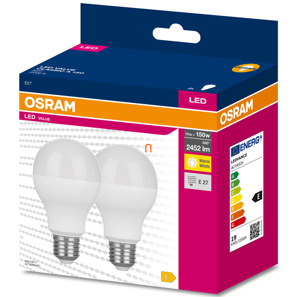 Osram E27 LED Value Classic 19W, 2452 lm, 3000 K, înlocuiește becul de 150 W (2 bucăți)