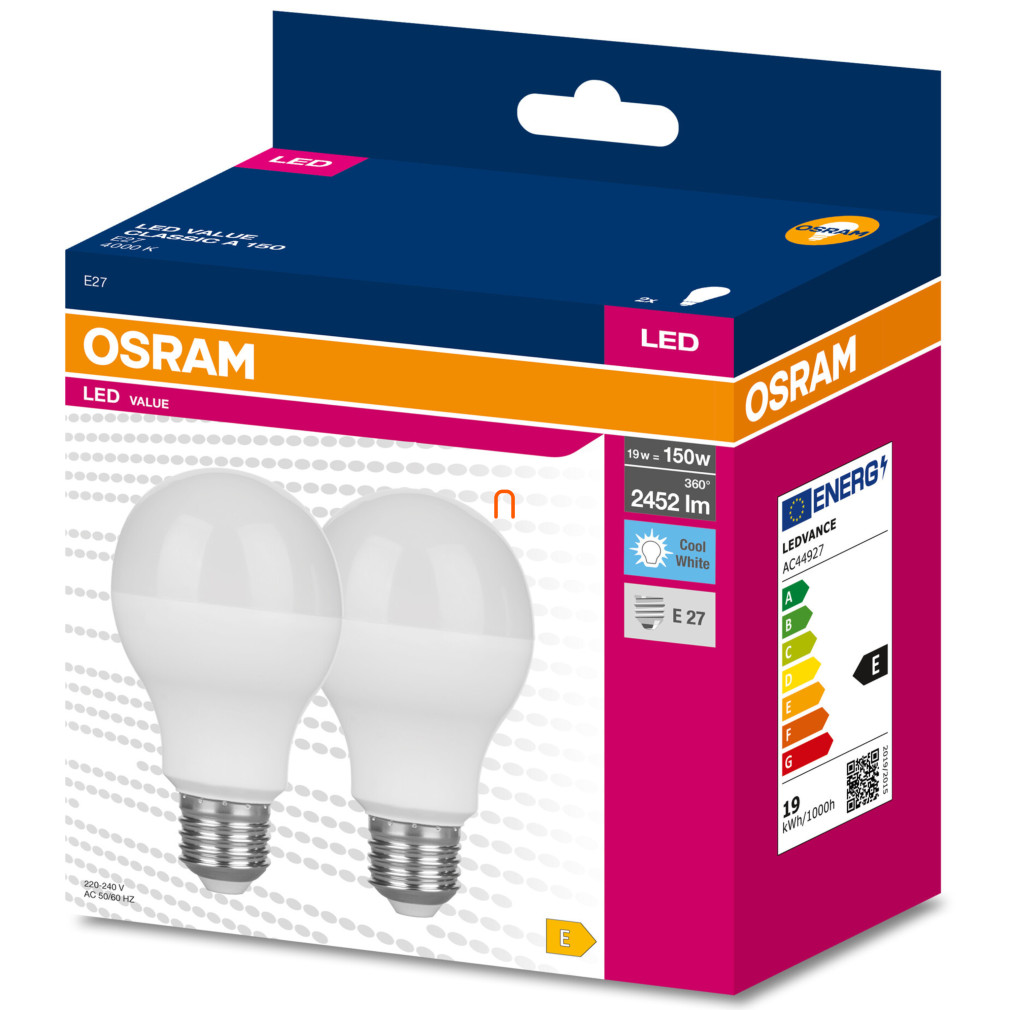 Osram E27 LED Value Classic 19W, 2452 lm, 4000 K, înlocuiește becul de 150 W (2 bucăți)