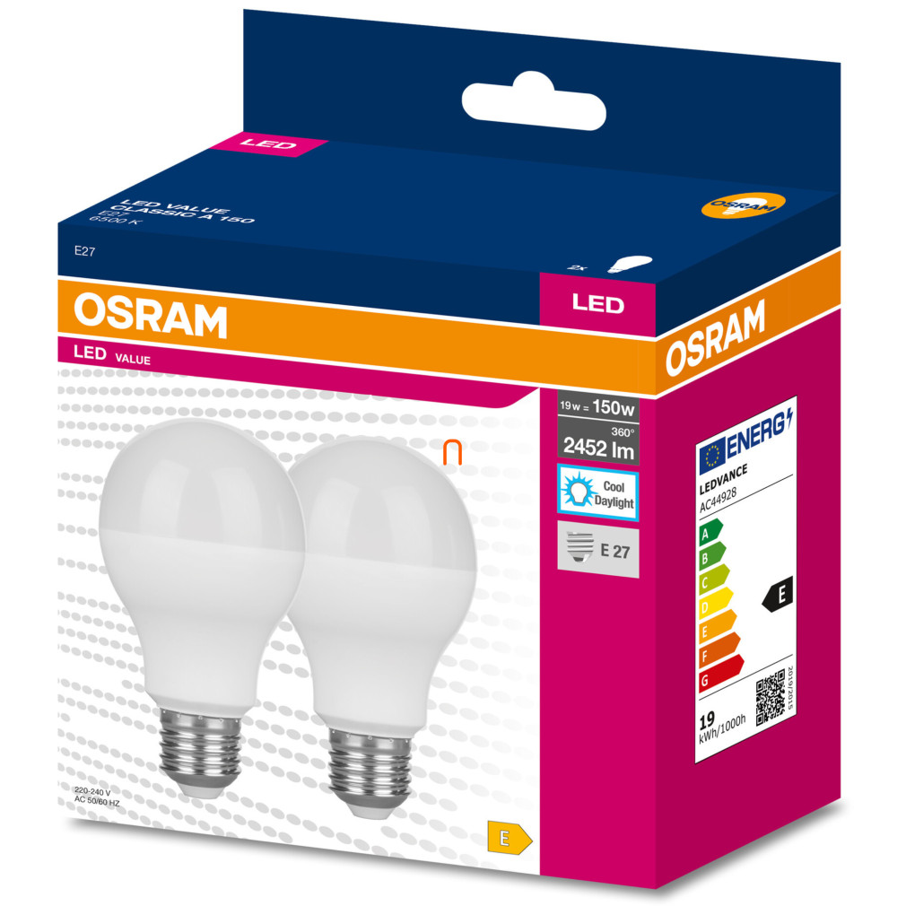 Osram E27 LED Value Classic 19W, 2452 lm, 6500 K, înlocuiește becul de 150 W (2 bucăți)