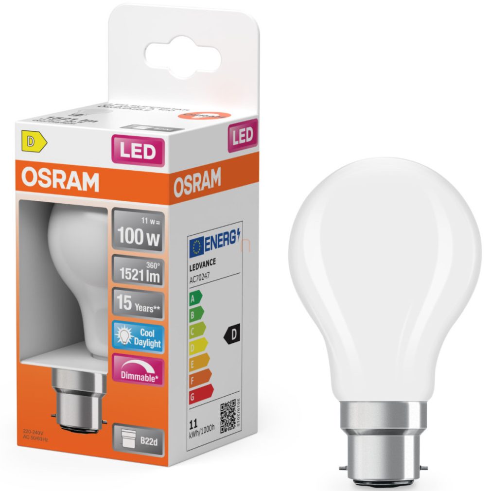 Osram B22d LED 11W, 1521 lm, 6500 K, lumină naturală, reglabilă, sticlă opală - înlocuiește becul de 100 W - Superstar Classic A