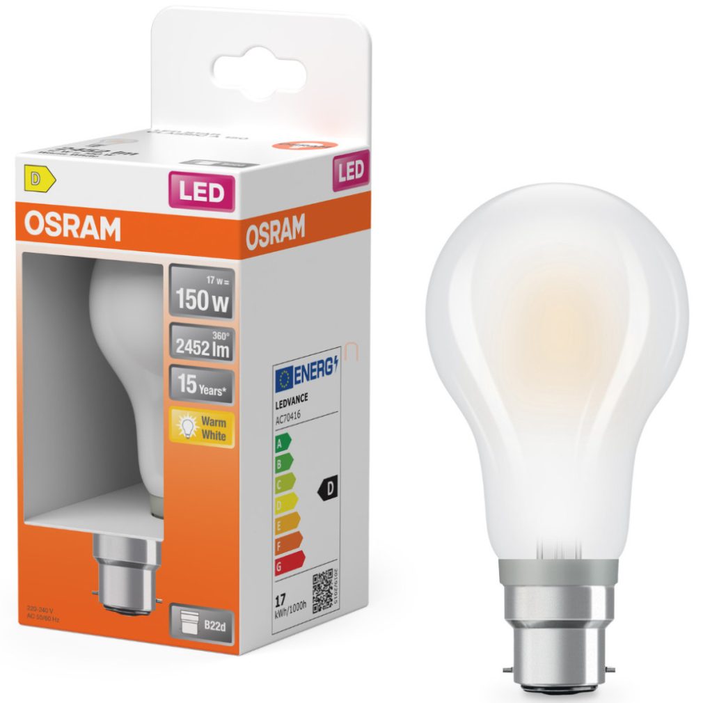 Osram B22d LED 17W, 2452 lm, 2700 K, alb cald, sticlă opală - înlocuiește becul de 150 W - Star Classic A