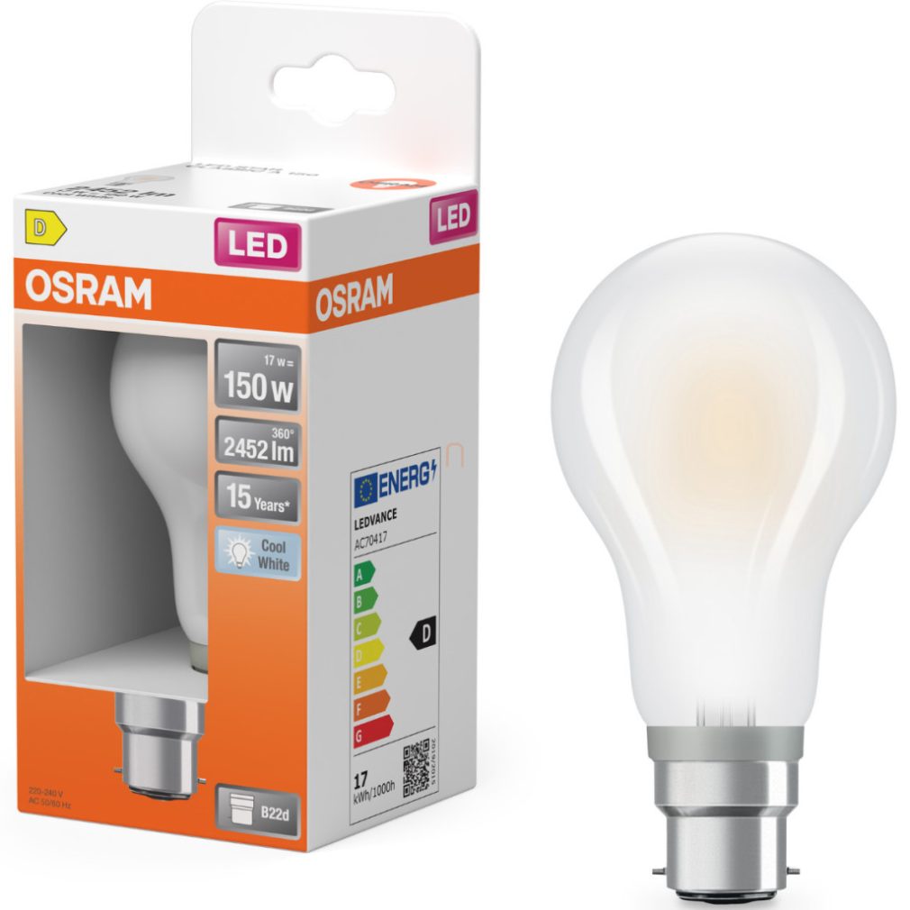 Osram B22d LED 17W, 2452 lm, 4000 K, alb rece, sticlă opală - înlocuiește becul de 150 W - Star Classic A