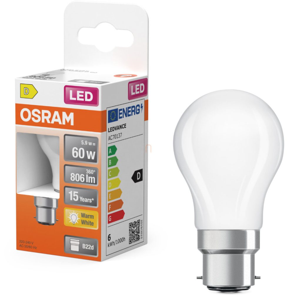 Osram B22d LED 5,9W, 806 lm, 2700 K, alb cald, sticlă opală - înlocuiește becul de 60 W - Superstar Classic P
