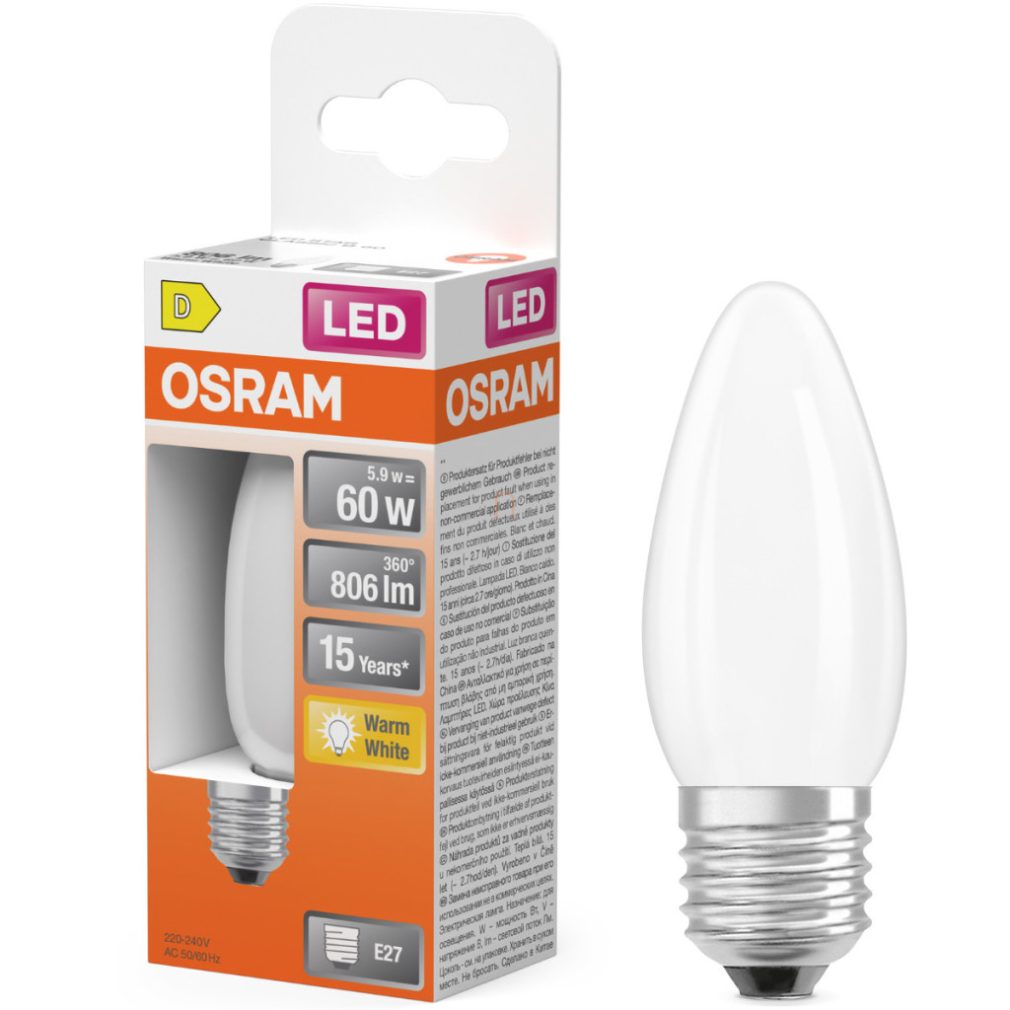 Lămpă LED Osram E27, 5,9 W, 806 lm, 2700 K, alb cald, sticlă opală - înlocuiește becul de 60 W - Star Classic B