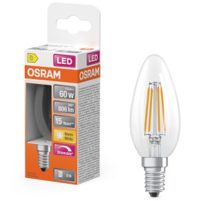   Lumină LED Osram E14, 5,9 W, 806 lm, 2700 K, alb cald, intensitate reglabilă, sticlă transparentă - înlocuiește becul de 60 W - filament Superstar Classic B