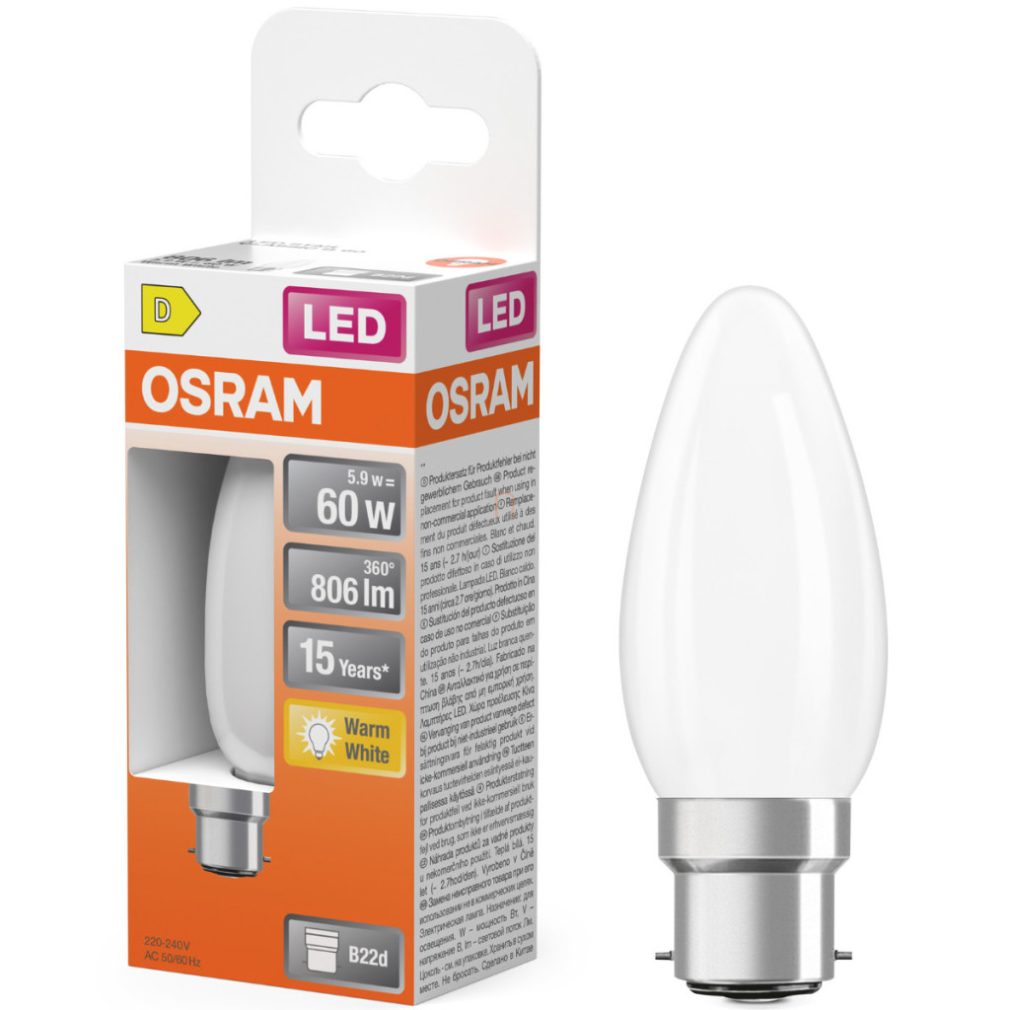Osram B22d LED 5,9W, 806 lm, 2700 K, alb cald, sticlă opală - înlocuiește becul de 60 W - Star Classic B