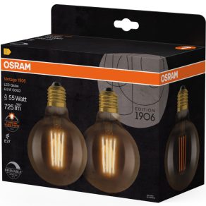   Osram E27 LED 6,5 W, 725 lm, 2400 K, lumină de lumânare, intensitate reglabilă, sticlă aurie - înlocuiește becul de 52 W, 2 bucăți - Vintage 1906 DIM Classic Globe95 Filament auriu