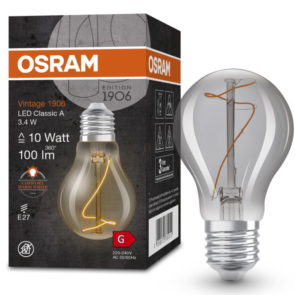 Osram E27 LED 3,4W, 100 lm, 1800 K, lumina lumânării, sticlă fumurie - înlocuiește becul incandescent de 10 W - Vintage 1906 Classic A Smoke filament