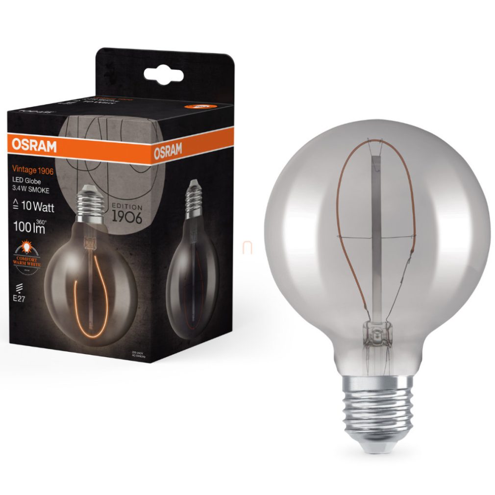 Osram E27 LED 3,4W, 100 lm, 1800 K, lumina lumânării, sticlă fumurie - înlocuiește becul incandescent de 10 W - Vintage 1906 Classic Globe95 Smoke filament