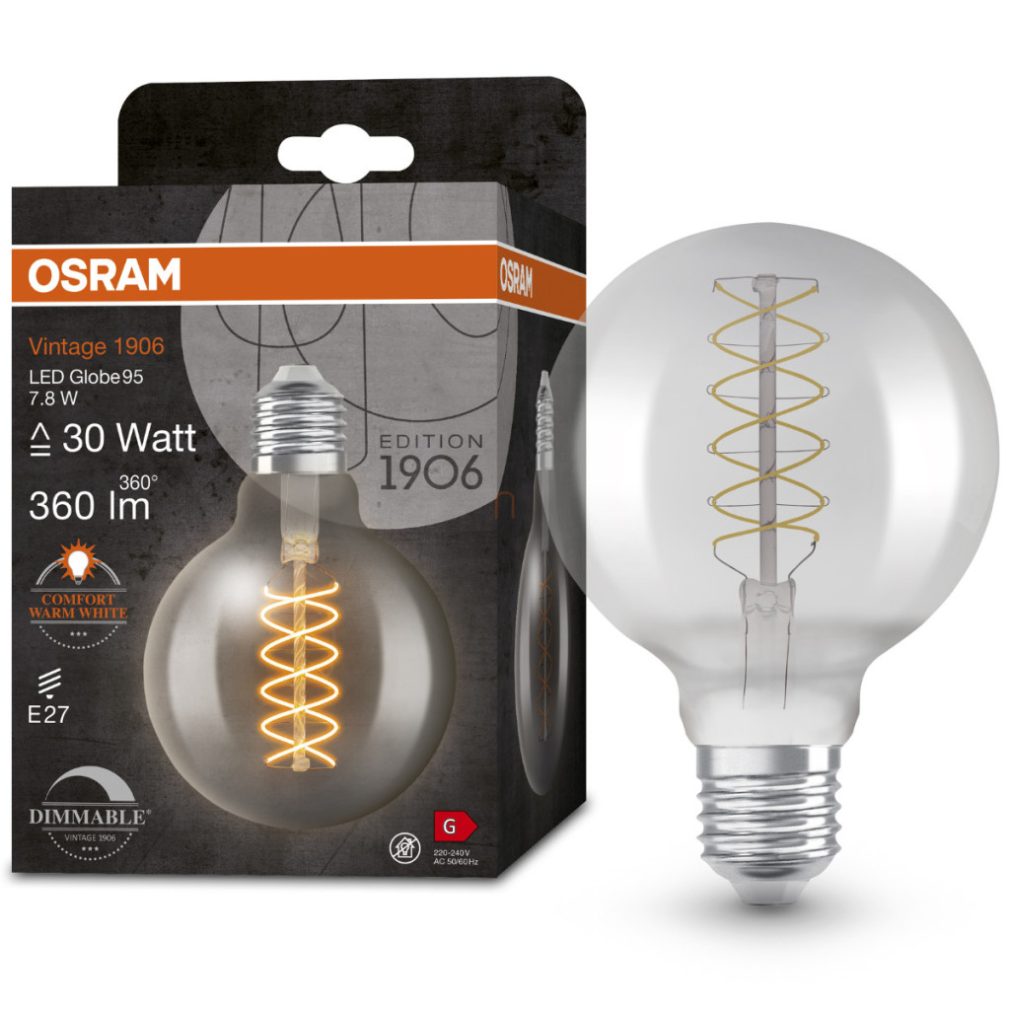 Osram E27 LED 7,8W, 360 lm, 1800 K, lumina de lumânare, reglabilă, sticlă fumurie - înlocuiește becul incandescent de 30 W - Vintage 1906 DIM Classic Globe95 Smoke filament