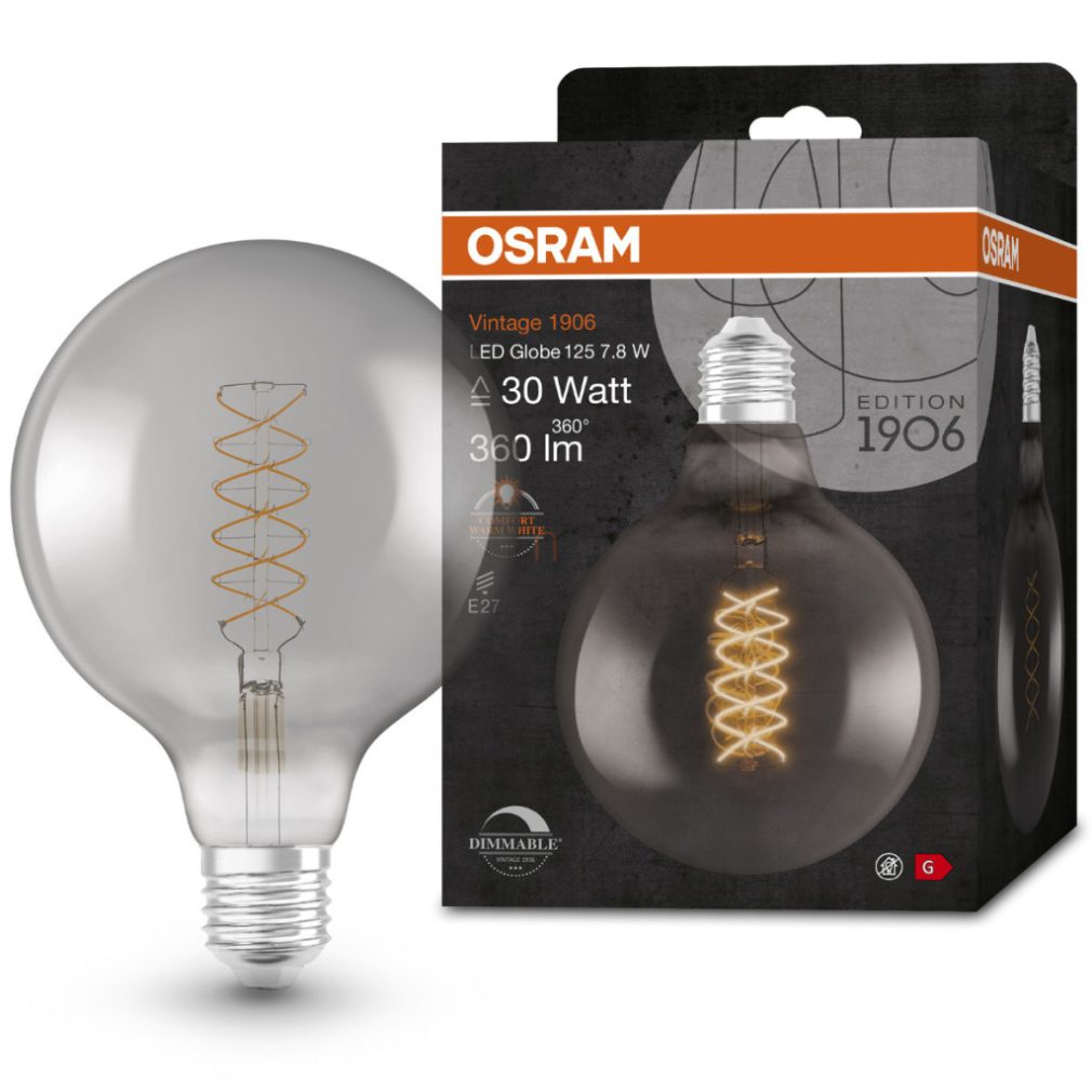Osram E27 LED 7,8W, 360 lm, 1800 K, lumina de lumânare, reglabilă, sticlă fumurie - înlocuiește becul incandescent de 30 W - Vintage 1906 DIM Classic Globe125 Smoke filament