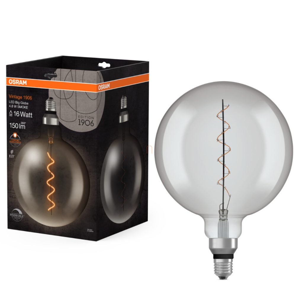 Osram E27 LED 4,8W, 150 lm, 1800 K, lumina de lumânare, reglabilă, sticlă fumurie - înlocuiește becul incandescent de 15 W - Vintage 1906 DIM Classic Globe Smoke filament