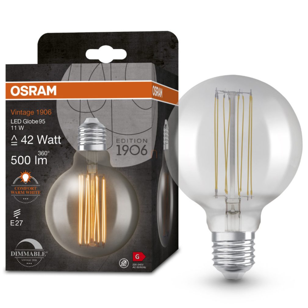 Osram E27 LED 11W, 500 lm, 1800 K, lumina de lumânare, reglabilă, sticlă fumurie - înlocuiește becul de 40 W - Vintage 1906 DIM Classic Globe95 Smoke filament